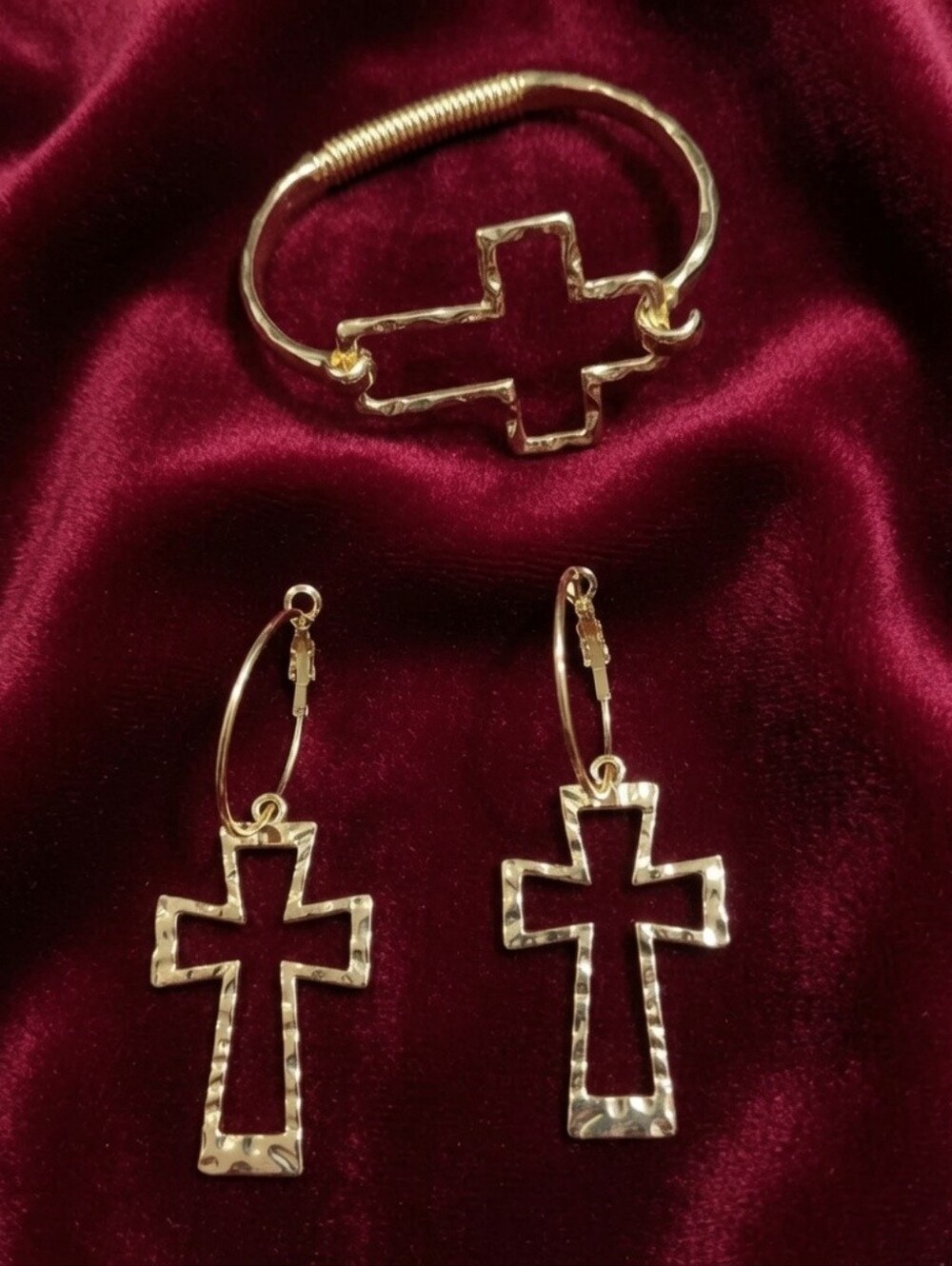 Gold Cross Hoop Earrings and Bangle Set - Gold Tone